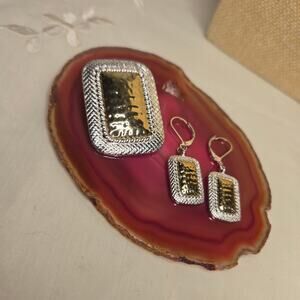 Vintage Hammered Two-Tone Gold/ Silver Pendant & Earring Set